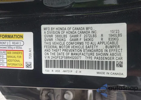 2024 Honda Civic Sport z USA, uszkodzony, nr VIN 2HGFE2F58RH520077